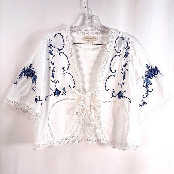 Jennifer & Grace Sweaters - Jennifer & Grace Cardigan White Blue Floral Embroidered Tie Front Lace Women M